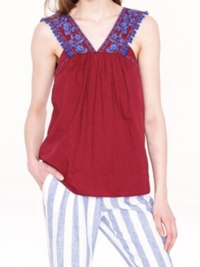 J. Crew 100% Cotton Wine Tank with Blue Embroidered Straps and Pom-Poms